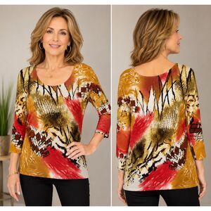 Vintage Elizabeth New York Abstract Knit Top Y2K Embellished Slinky Shirt M
